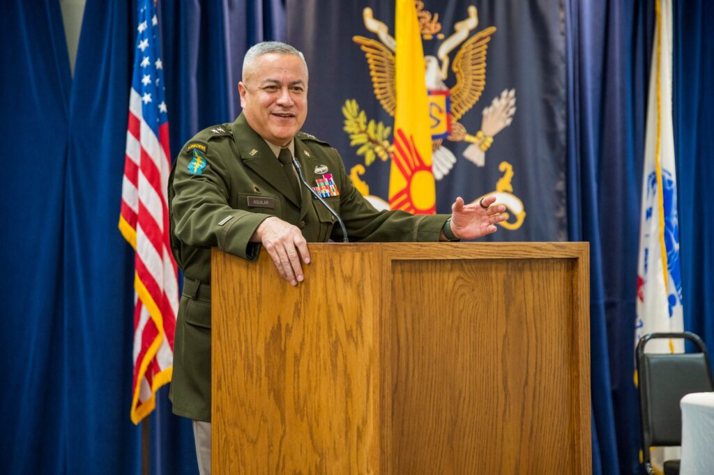 Maj. Gen. Miguel Aguilar, the Adjutant General of New Mexico, welcomes attendees to the NMNG's seventh annual prayer breakfast.